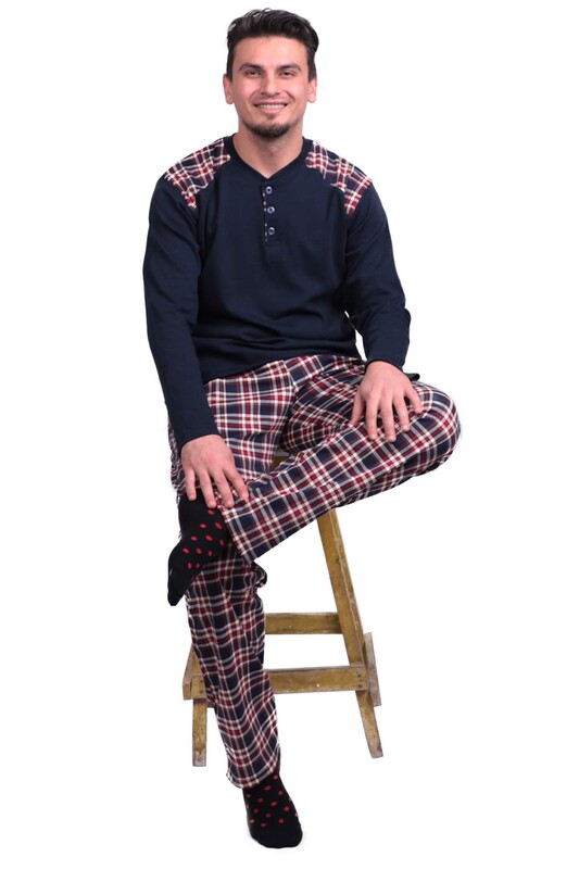 Kareli Uzun Kol Erkek Pijama Takımı 7209 | Lacivert - Thumbnail