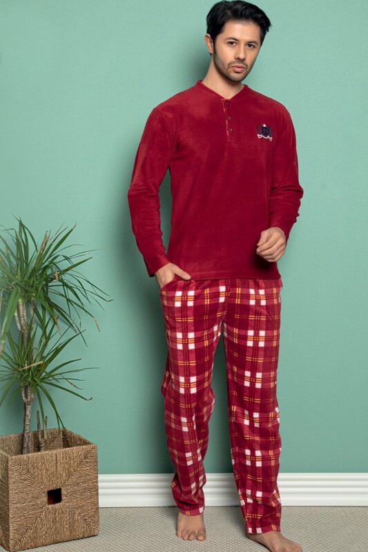 SUDE - Düğmeli Uzun Kol Erkek Polar Pijama Takımı 9004 | Kırmızı