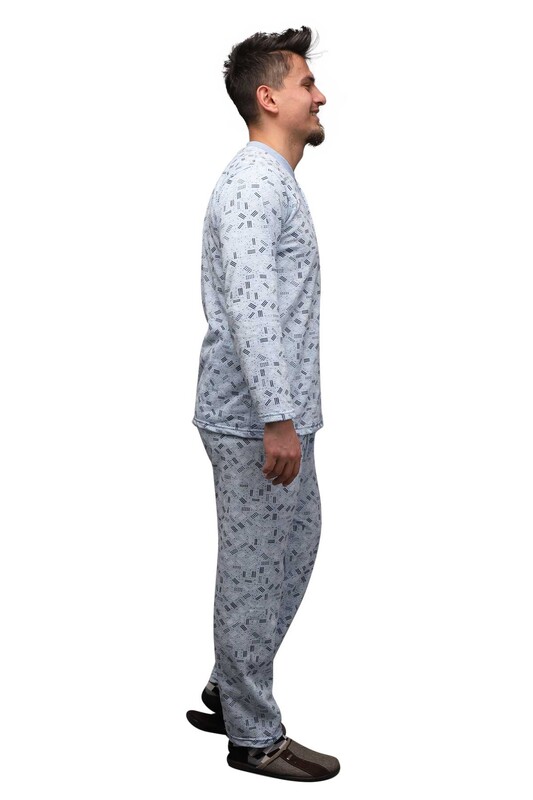 Desenli Düğmeli Erkek Pijama Takımı 0217 | Mavi - Thumbnail