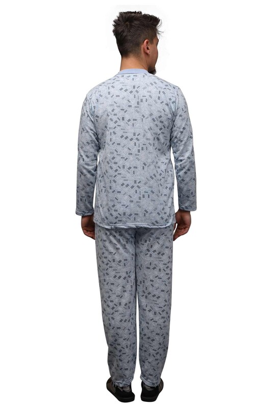 Desenli Düğmeli Erkek Pijama Takımı 0217 | Mavi - Thumbnail