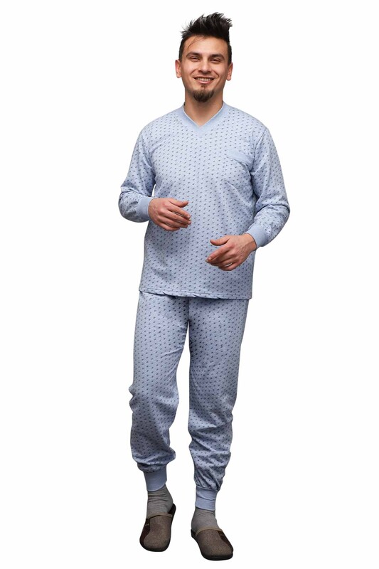 Desenli V Yaka Erkek Pijama Takımı 0212 | Mavi - Thumbnail