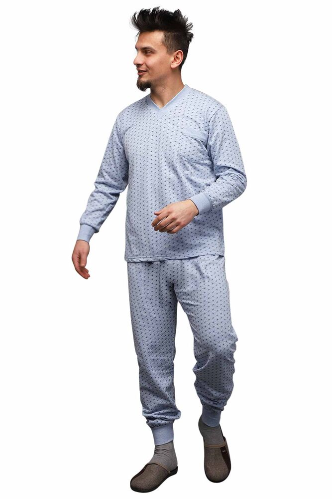 Desenli V Yaka Erkek Pijama Takımı 0212 | Mavi