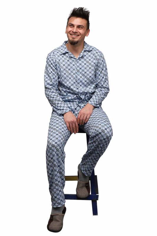Gömlek Yaka Düğmeli Erkek Pijama Takımı 0211 | Mavi - Thumbnail