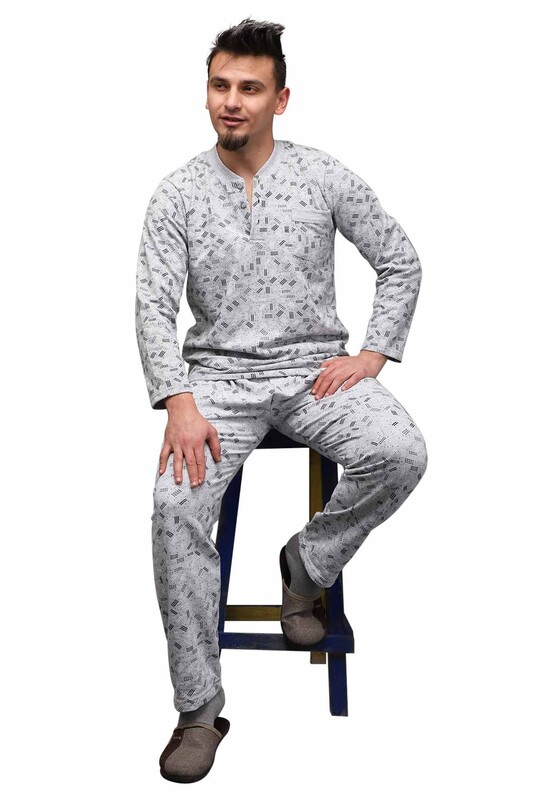 YENTEKS - Desenli Düğmeli Erkek Pijama Takımı 0215 | Gri