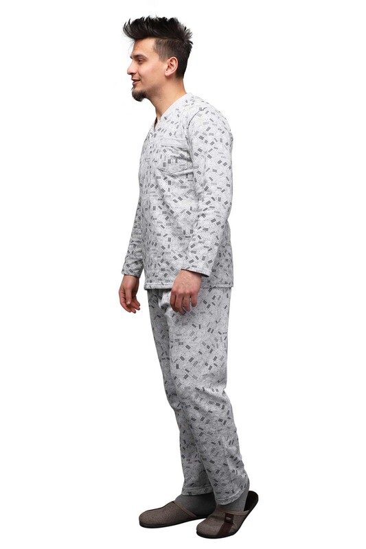 Desenli Düğmeli Erkek Pijama Takımı 0215 | Gri - Thumbnail