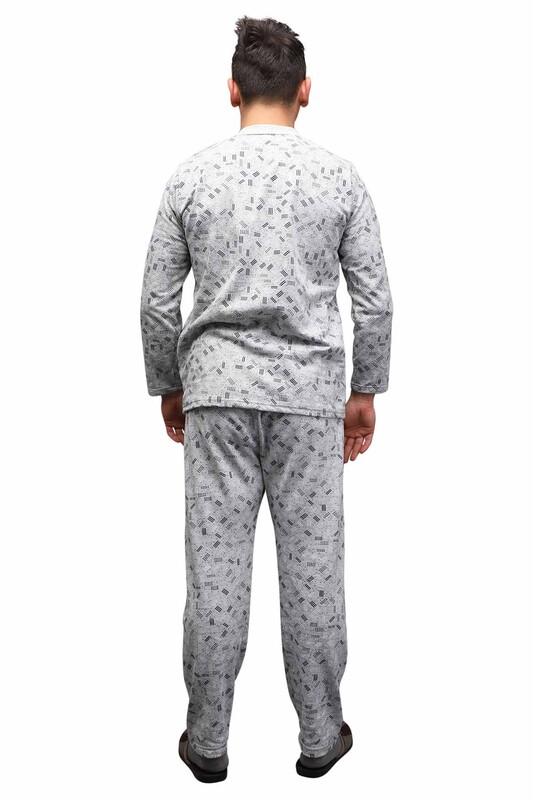 Desenli Düğmeli Erkek Pijama Takımı 0215 | Gri - Thumbnail