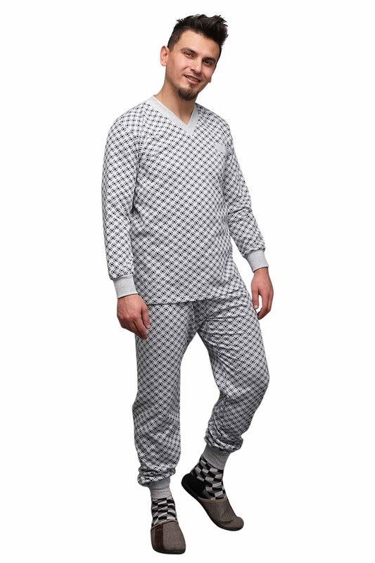 Desenli V Yaka Erkek Pijama Takımı 0213 | Gri - Thumbnail
