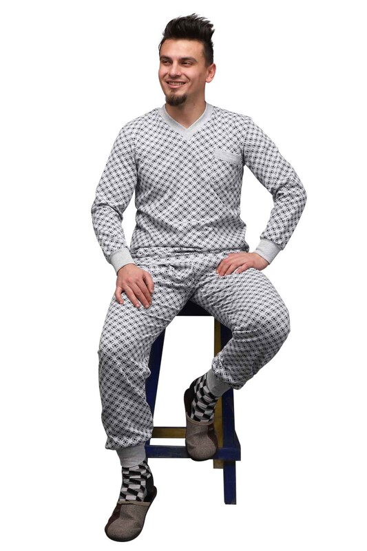 Desenli V Yaka Erkek Pijama Takımı 0213 | Gri - Thumbnail