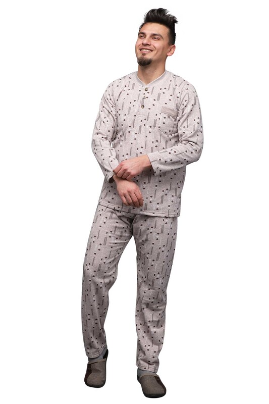 Desenli Düğmeli Erkek Pijama Takımı 0216 | Kahve - Thumbnail