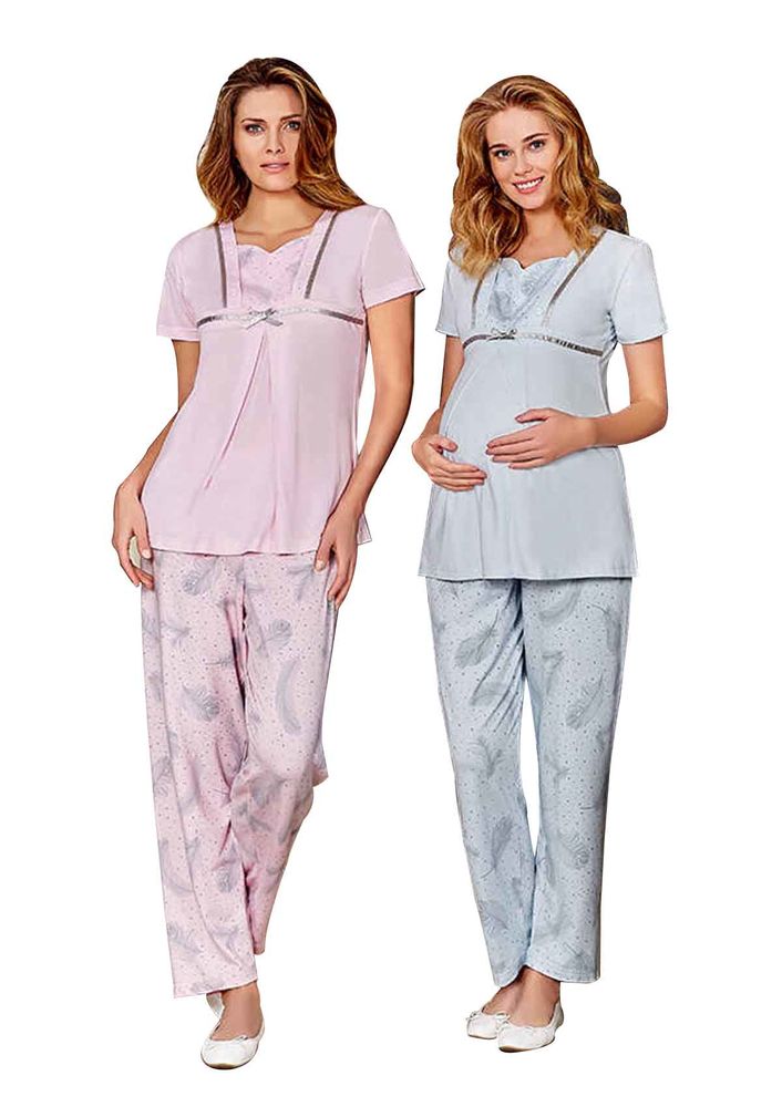 Berrak Yaprak Desenli Kısa Kollu Hamile Pijama Takımı 453 | Bebe Mavi