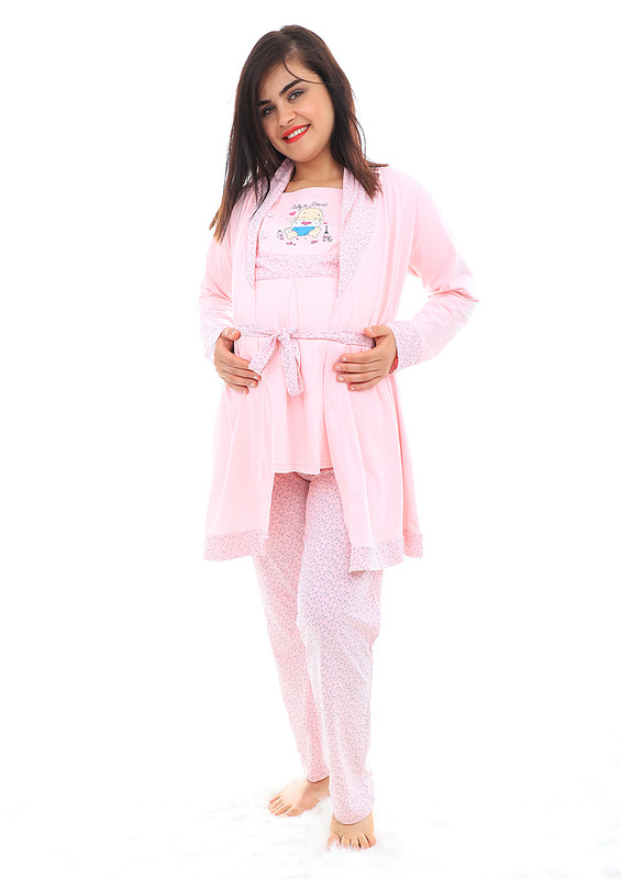 Boyraz Beli Bağlamalı Desenli Hamile Pijama Takımı 7103 | Pembe - Thumbnail