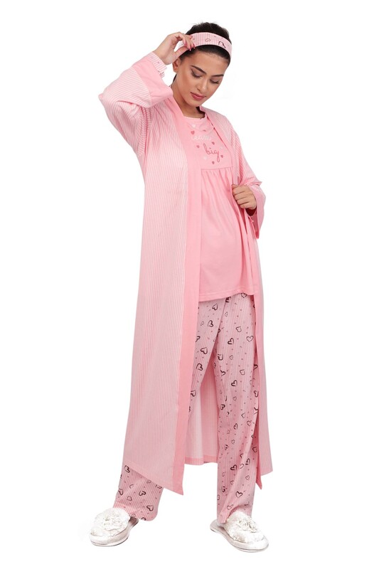 Poleren Kalpli Bağlamalı Lohusa Pijama Takımı 3 ' lü 5952 | Pembe - Thumbnail