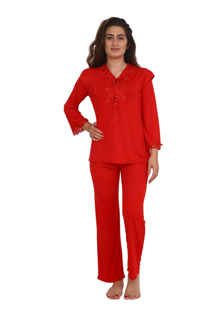 Guipure Collar Buttoned Pajamas Set 1299 | Red