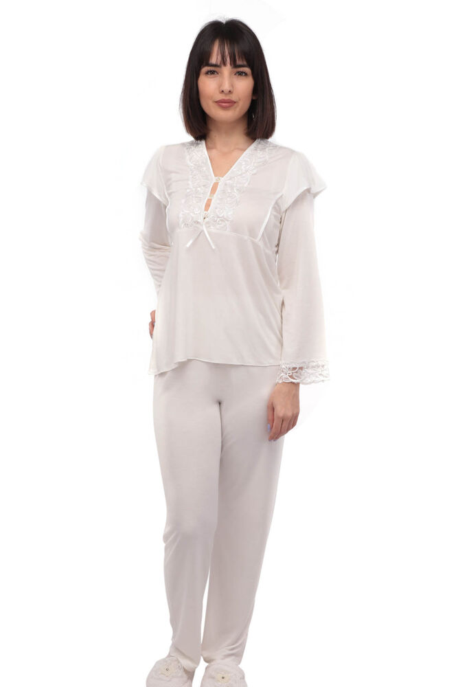 Guipure Collar Buttoned Pajamas Set 1299 | Ecru