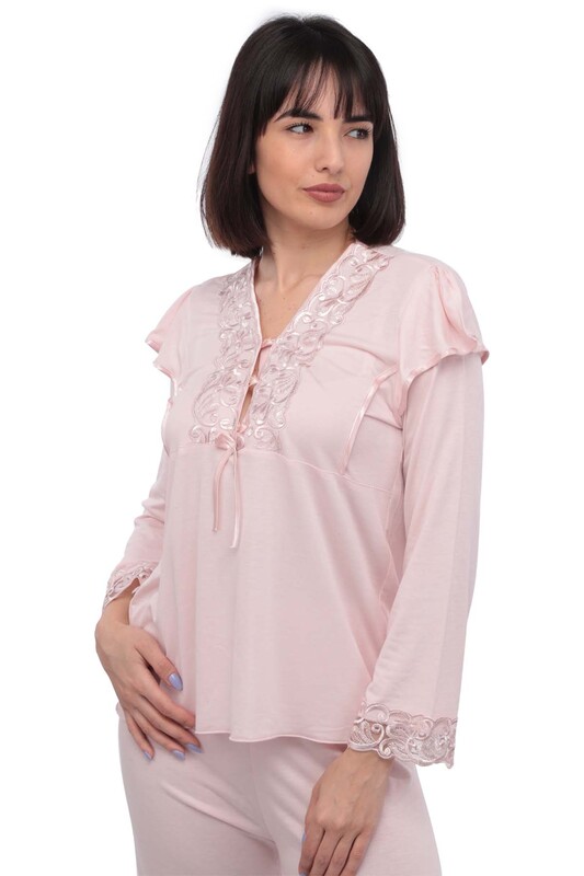 Guipure Collar Buttoned Pajamas Set 1299 | Powder - Thumbnail