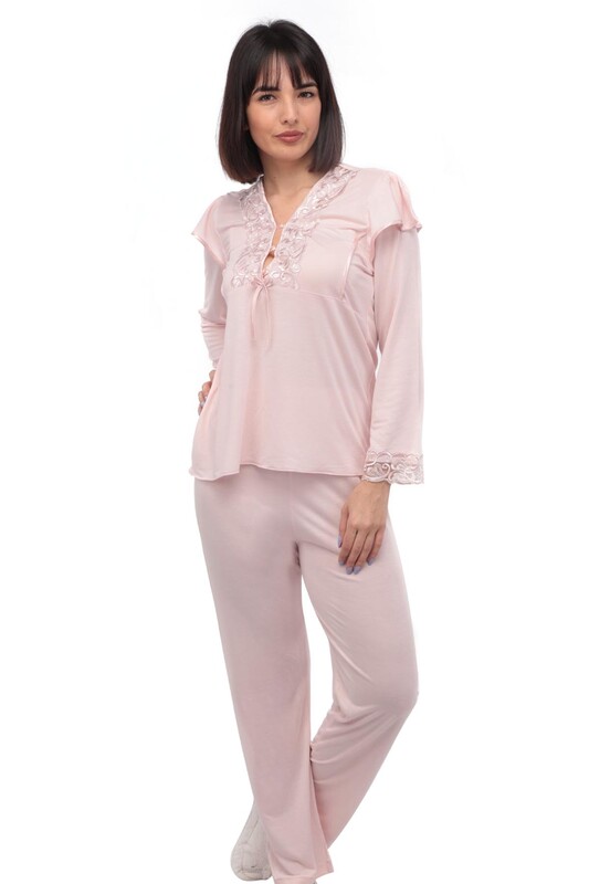Guipure Collar Buttoned Pajamas Set 1299 | Powder - Thumbnail