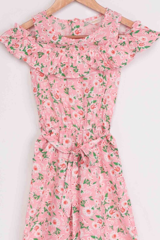 Flower Printed Girl Jumpsuit 20065 | Pink - Thumbnail