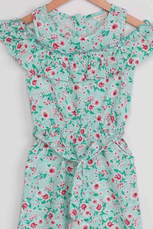 Flower Printed Girl Jumpsuit 20065 | Sea Green - Thumbnail