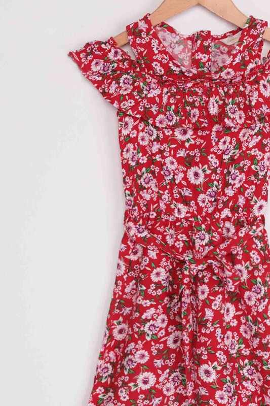 Flower Printed Girl Jumpsuit 20065 | Red - Thumbnail