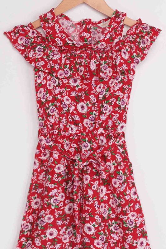 Flower Printed Girl Jumpsuit 20065 | Red - Thumbnail