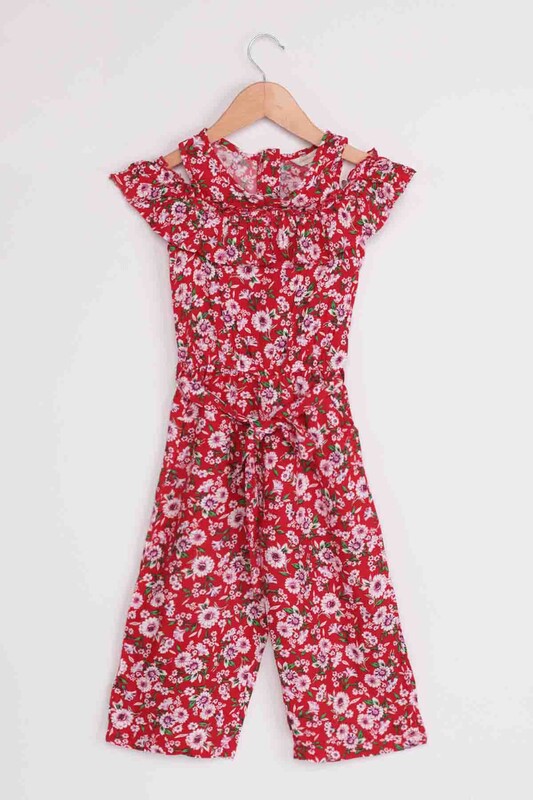 Damla - Flower Printed Girl Jumpsuit 20065 | Red