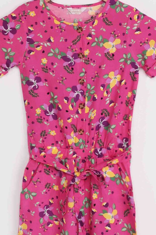 Flower Printed Girl Jumpsuit | Fuschia - Thumbnail