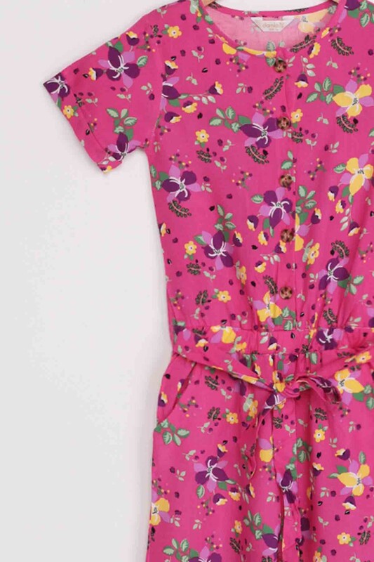 Flower Printed Girl Jumpsuit | Fuschia - Thumbnail