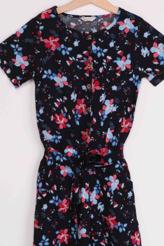 Flower Printed Girl Jumpsuit | Black - Thumbnail