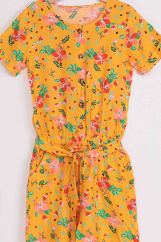 Flower Printed Girl Jumpsuit | Yellow - Thumbnail