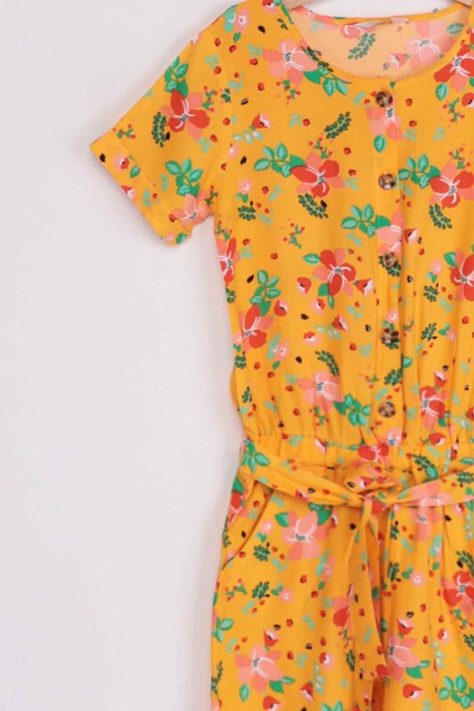Flower Printed Girl Jumpsuit | Yellow - Thumbnail