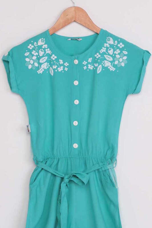 Flower Printed Girl Jumpsuit | Turquois - Thumbnail