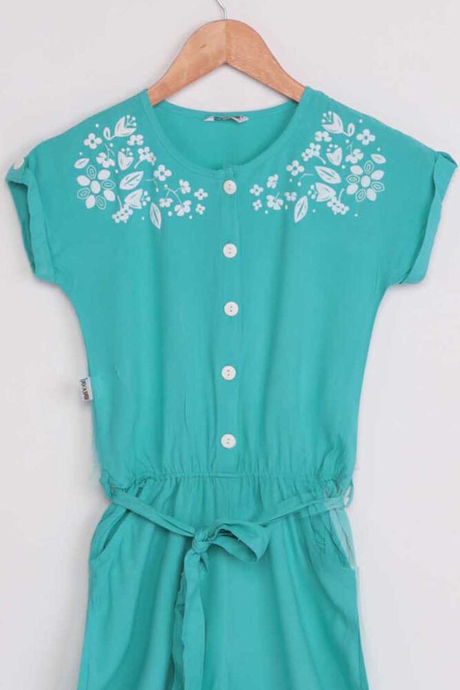 Flower Printed Girl Jumpsuit | Turquois