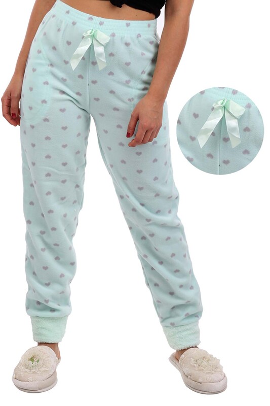 Arcan Kalp Puantiyeli Polar Pijama Altı | Su Yeşili - Thumbnail