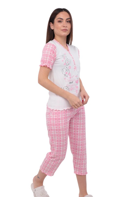 Fapi V Yakalı Boru Paça Kaprili Desenli Mor Pijama Takımı 5335 | Beyaz Pembe - Thumbnail