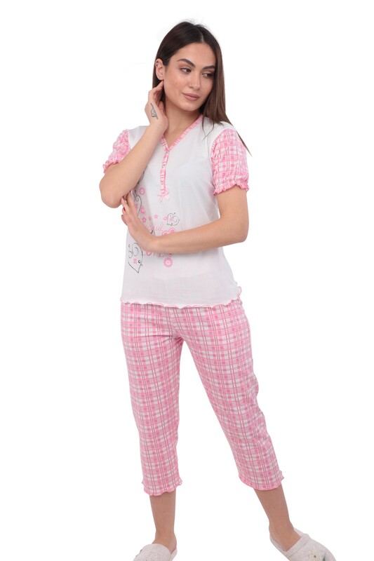 Fapi V Yakalı Boru Paça Kaprili Desenli Mor Pijama Takımı 5335 | Beyaz Pembe - Thumbnail