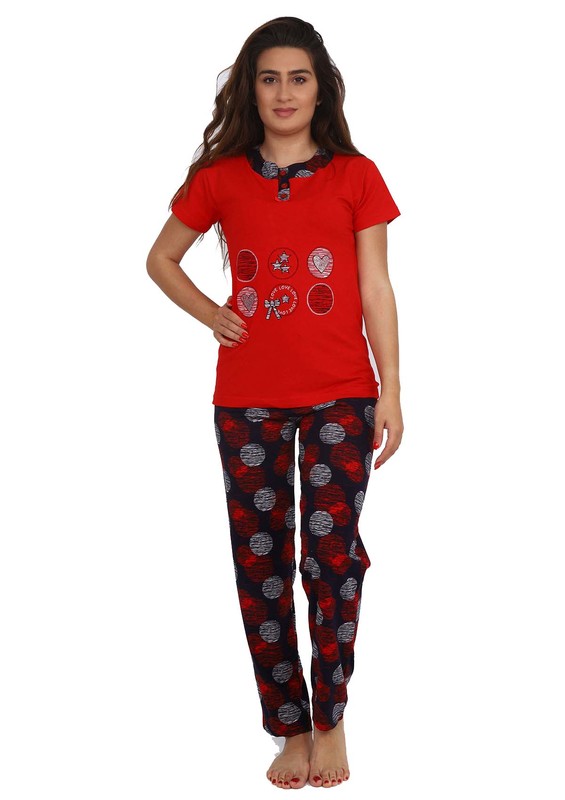 Işılay Yakası Düğmeli Puantiyeli Pijama Takımı 8950 | Kırmızı - Thumbnail