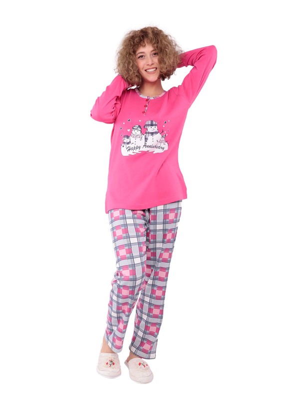 Lindros Kare Desenli Baskılı Yırtmaçlı Pijama Takımı 7569 | Fuşya - Thumbnail