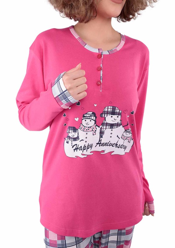 Lindros Kare Desenli Baskılı Yırtmaçlı Pijama Takımı 7569 | Fuşya - Thumbnail