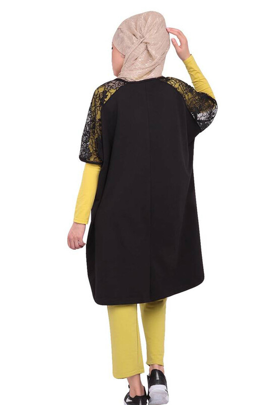 Lolitam Kolları Güpürlü Sarı-Siyah Tesettür Pijama Takımı 3 ' lü 10909 | Yeşil - Thumbnail