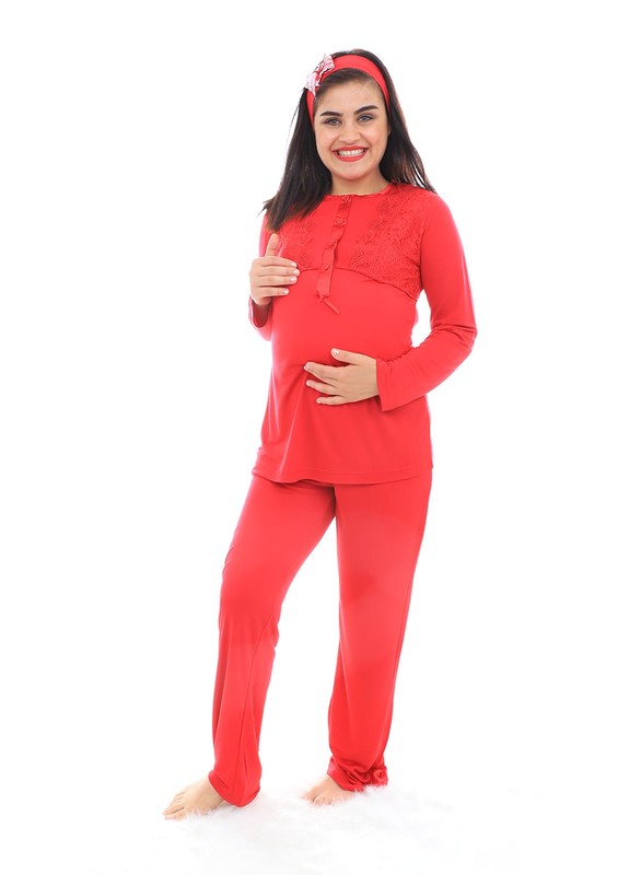 MECİT - Mecit Güpürlü Kolları Volanlı Hamile Pijama Takımı 1342 | Kırmızı