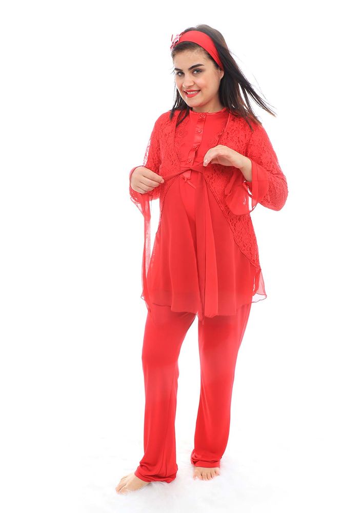 Mecit Güpürlü Kolları Volanlı Hamile Pijama Takımı 1342 | Kırmızı