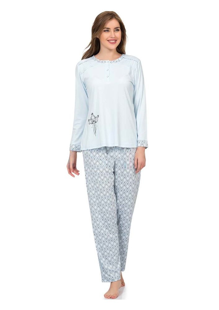 Poleren Düğmeli Desenli Büyük Beden Pijama Takımı 5954 | Mavi