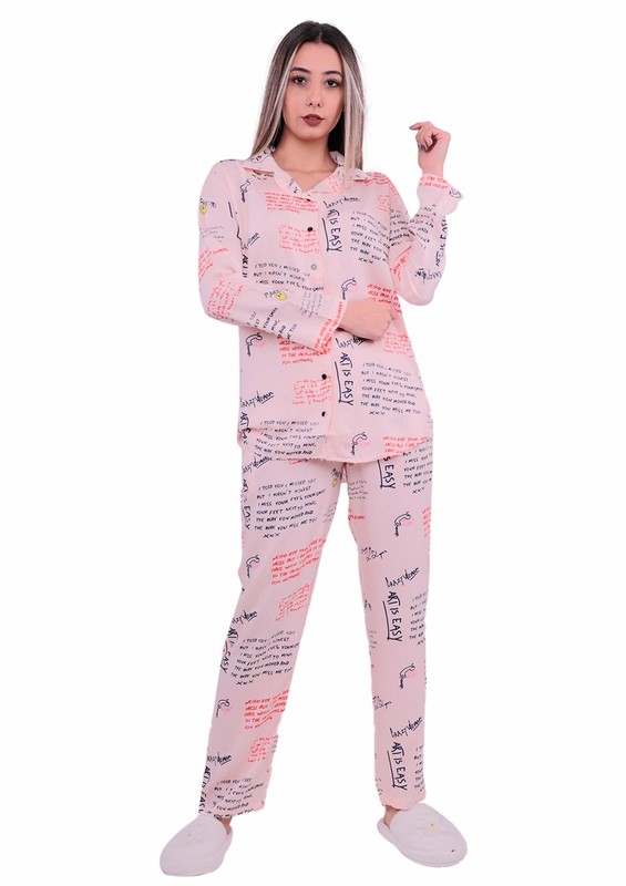 Poleren Gömlek Yakalı Önü Düğmeli Yazılı Pijama Takımı 5970 | Pudra - Thumbnail