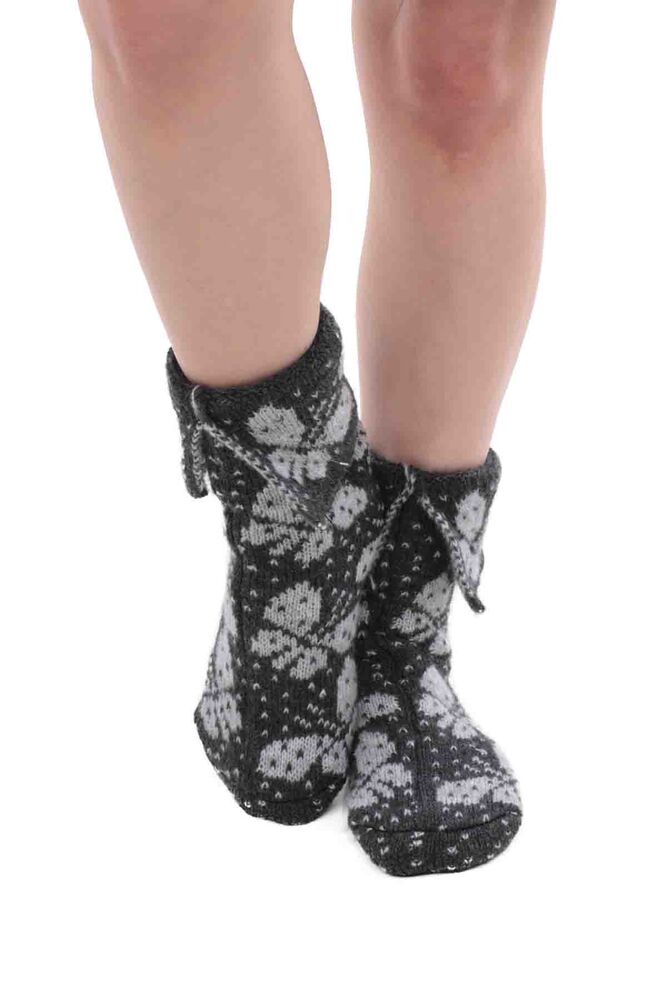 Kelebek Desenli Termal Kadın Yün Çorap | Füme