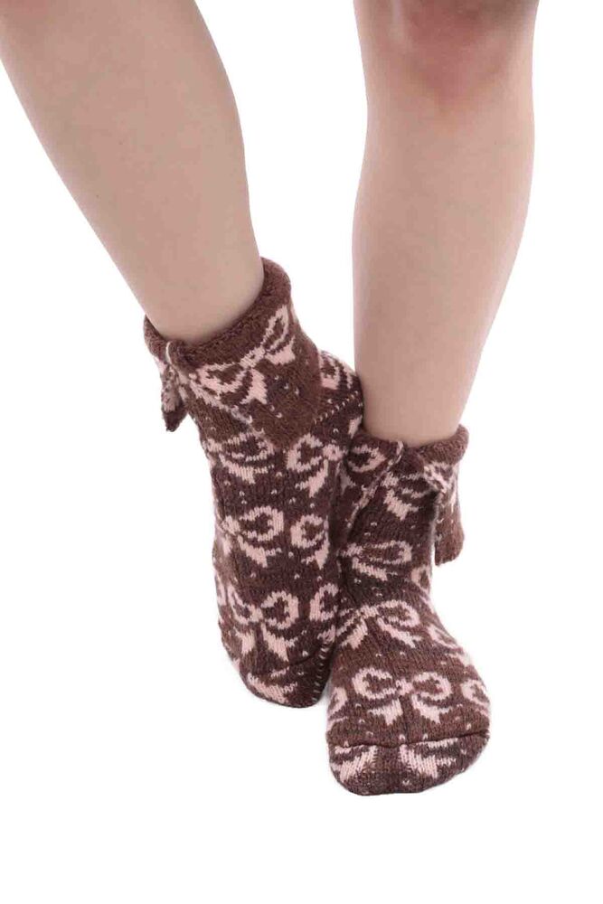 Kurdele Desenli Termal Kadın Yün Çorap | Kahverengi