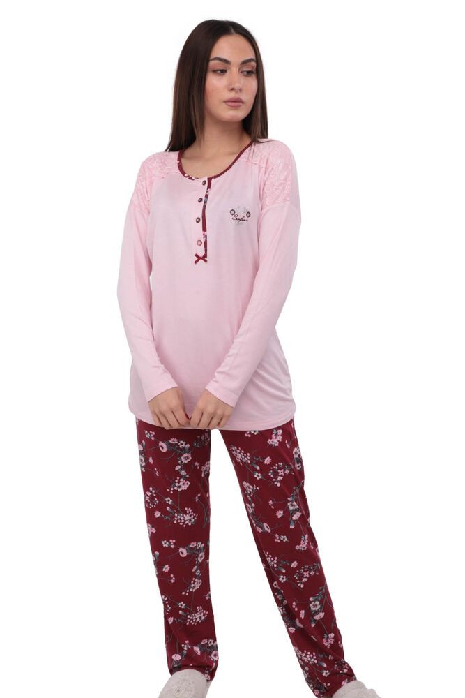 Senfoni Güpür ve Düğme Detaylı Desenli Pijama Takımı 1477 | Pembe