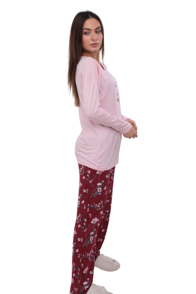 Senfoni Güpür ve Düğme Detaylı Desenli Pijama Takımı 1477 | Pembe