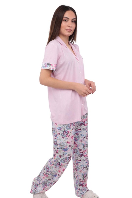 Simisso Bol Paçalı Düğmeli Desenli Lila Pijama Takımı 70117 | Pudra - Thumbnail