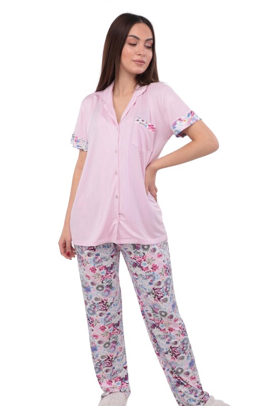 Simisso Bol Paçalı Düğmeli Desenli Lila Pijama Takımı 70117 | Pudra - Thumbnail