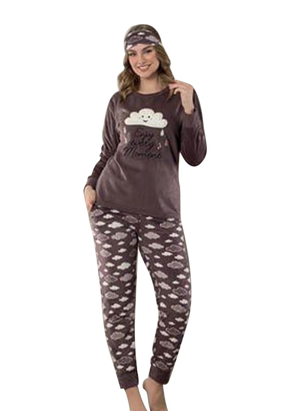 Snc Bulut Desenli Polar Pijama Takımı 7125 | Kahverengi - Thumbnail